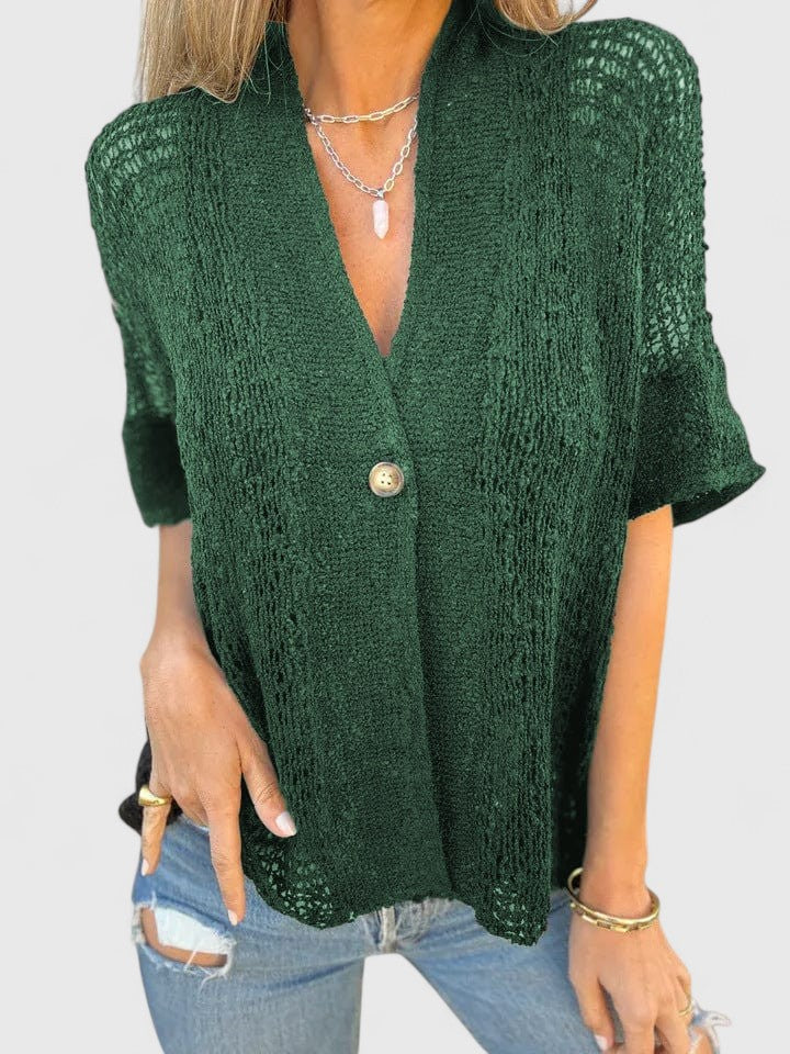 Frankie | Open Knit Button-Up Blouse V-Neck