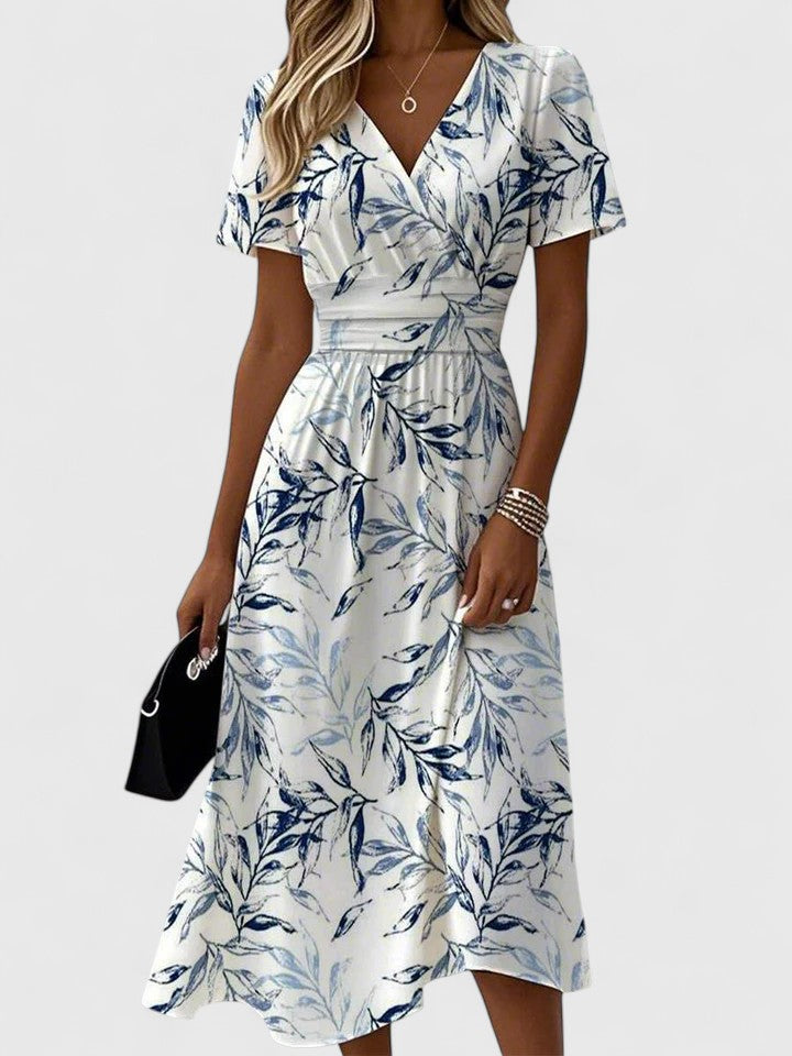 Anwen-Rose | White Blue Floral Midi Dress V-Neck