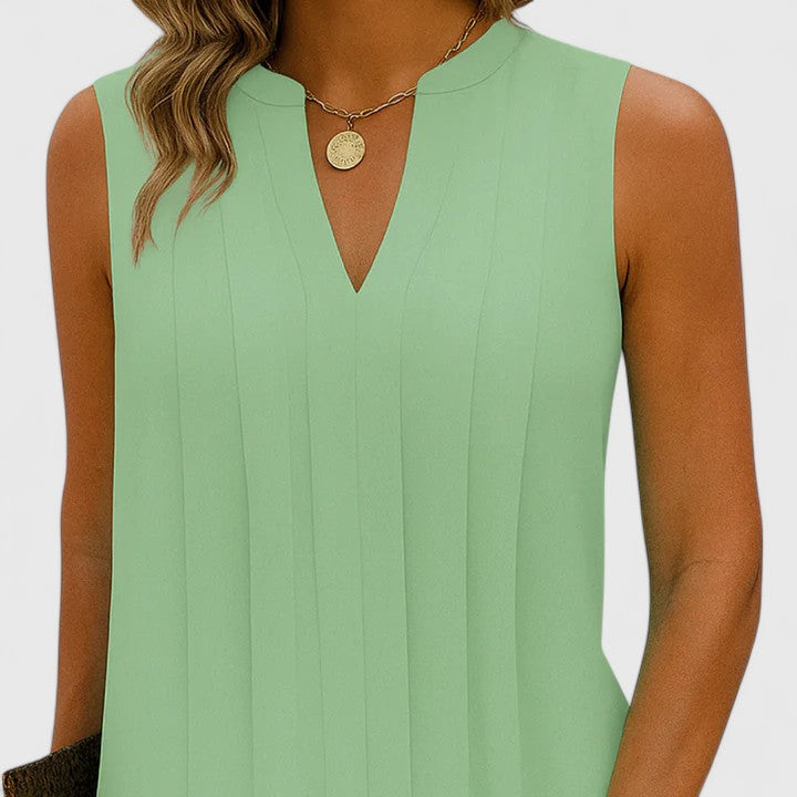 Mahala | Pleated V-Neck Sleeveless Shift Mini Dress