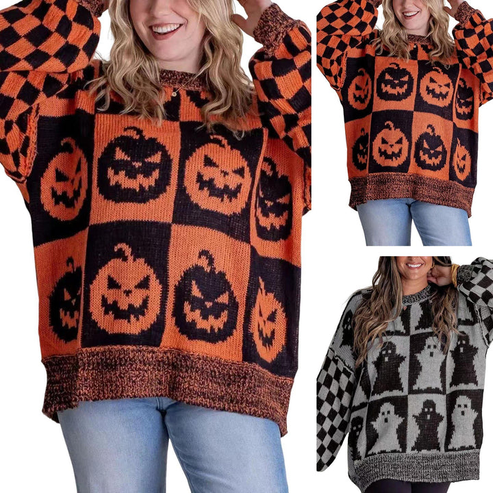 Catherine | Pumpkin Print Halloween Sweater with Checkered Sleeves