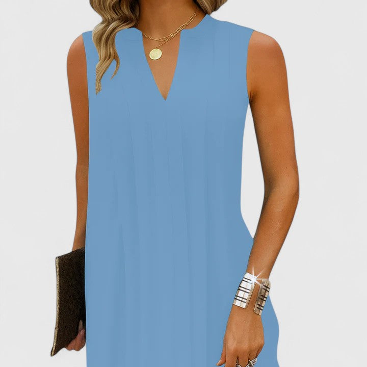 Mahala | Pleated V-Neck Sleeveless Shift Mini Dress