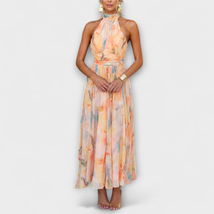 Tabitha | Peach Floral Halter Neck Maxi Dress