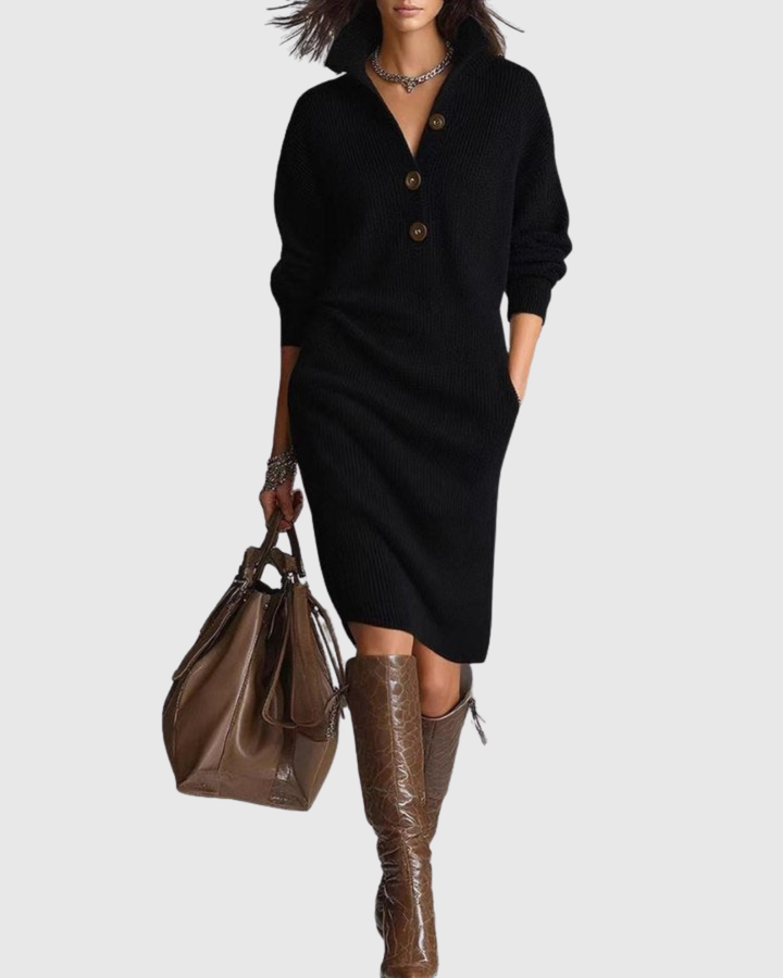 Idalia | Knit Midi Dress with Buttoned Henley