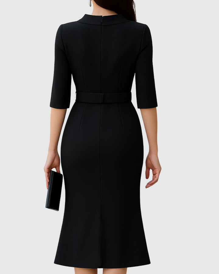 Delphina | Black Belted Midi Dress Three-Quarter Sleeves