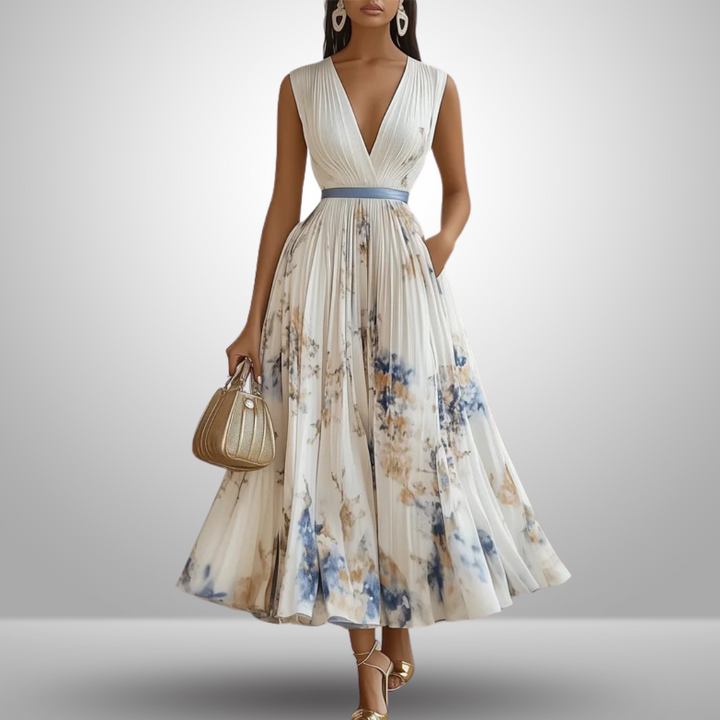 Bellamira | Floral Pleated Empire Waist Dress V-Neck