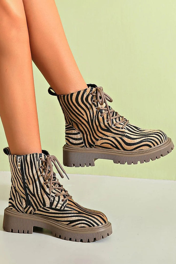 Larisa | Brown Zebra Print Lace-Up Boots
