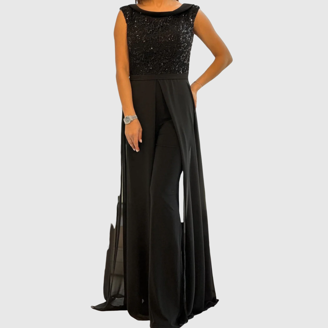 Cassandra | Black Sequin Empire Waist Jumpsuit Gown