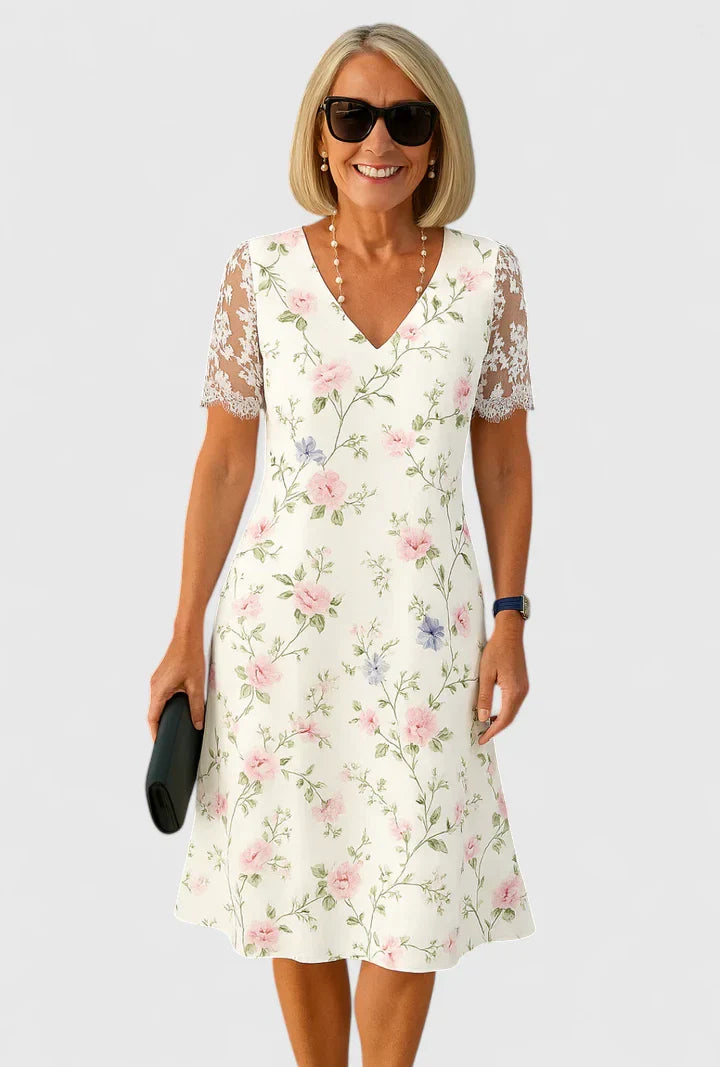 Marsali | Floral Empire Waist Dress with Lace Sleeves