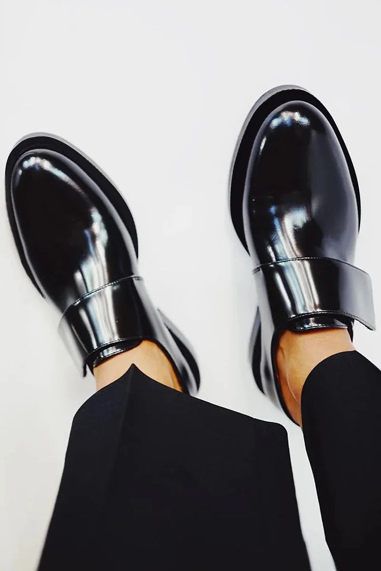 Gretel | Black Wide Strap Loafers – Glossy Finish