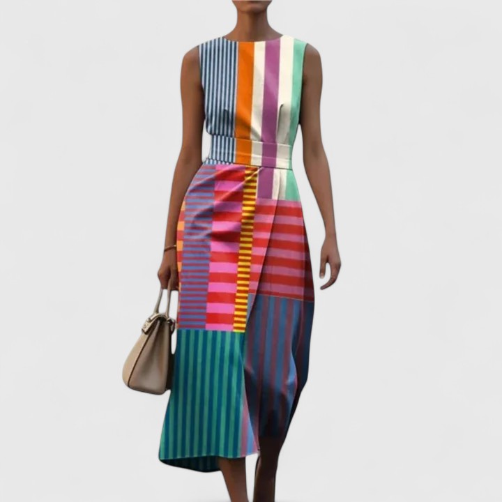 Carmine | Multicolor Striped Patchwork Midi Dress Sleeveless