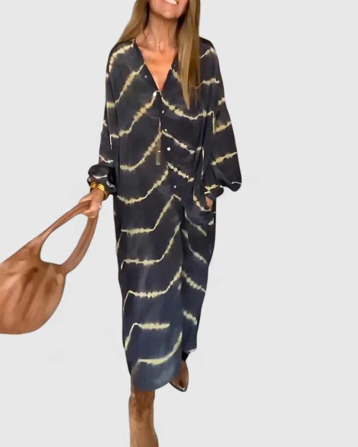 Elara | Black Tie-Dye Shirt Maxi Dress Long Sleeve