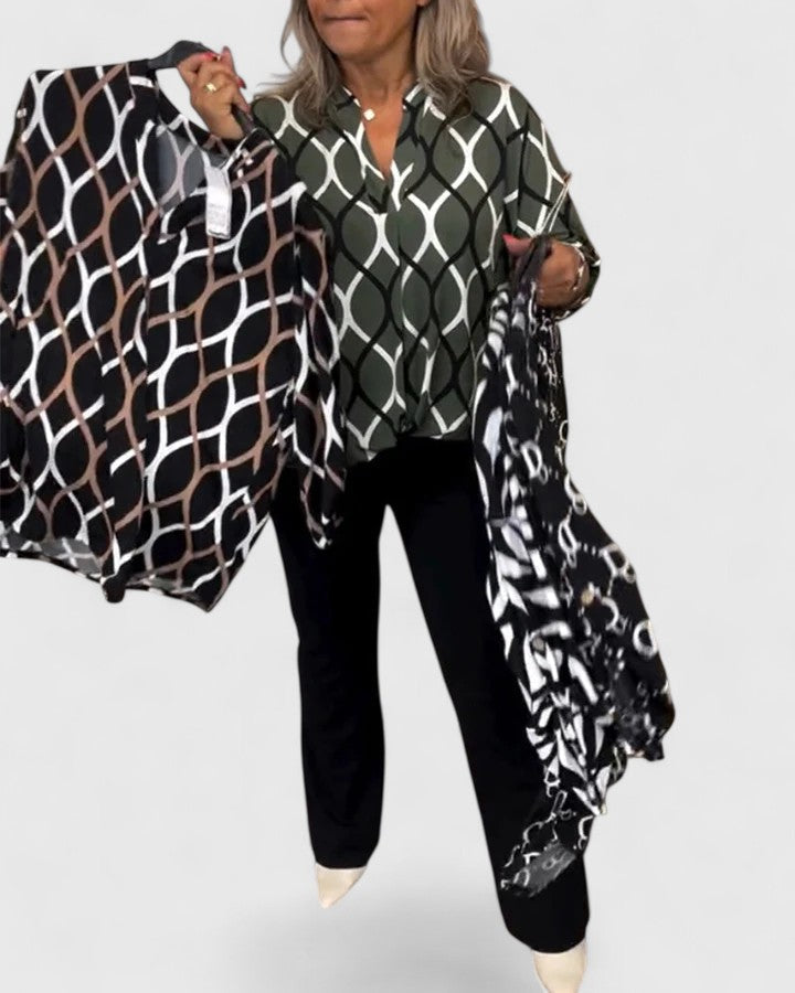 Essie | Geometric Print Long Sleeve Blouse with V-Neck
