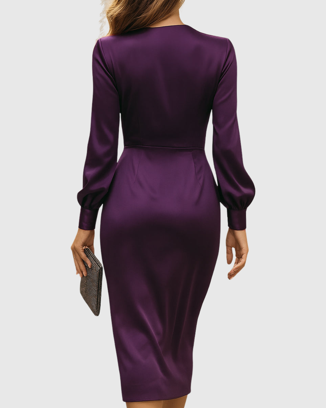 Elodora | Purple Satin Wrap Midi Dress V-Neck