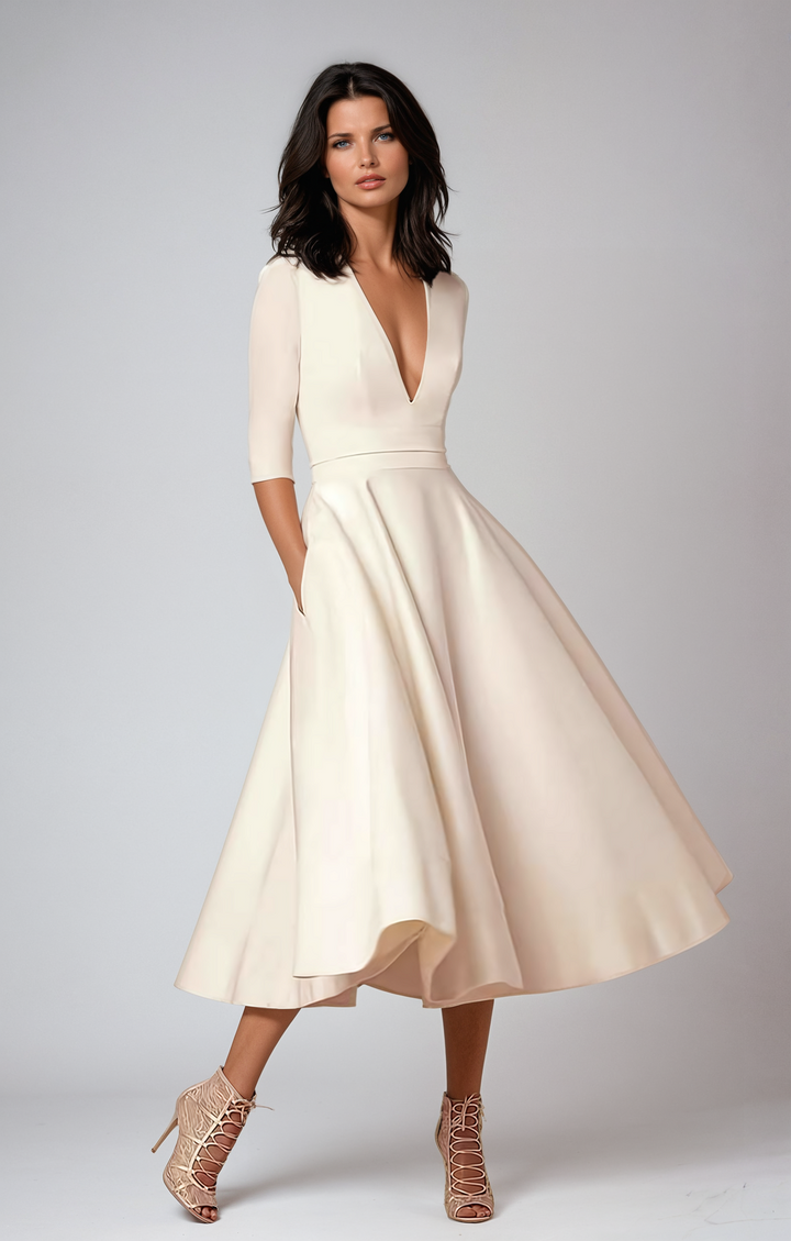 Coraline | Cream V-Neck Fit and Flare Dress