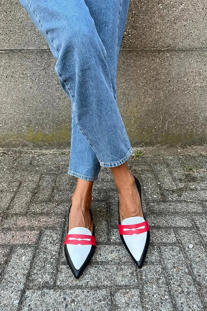 Kenya | Black Pointed Toe Flats with Red Accent
