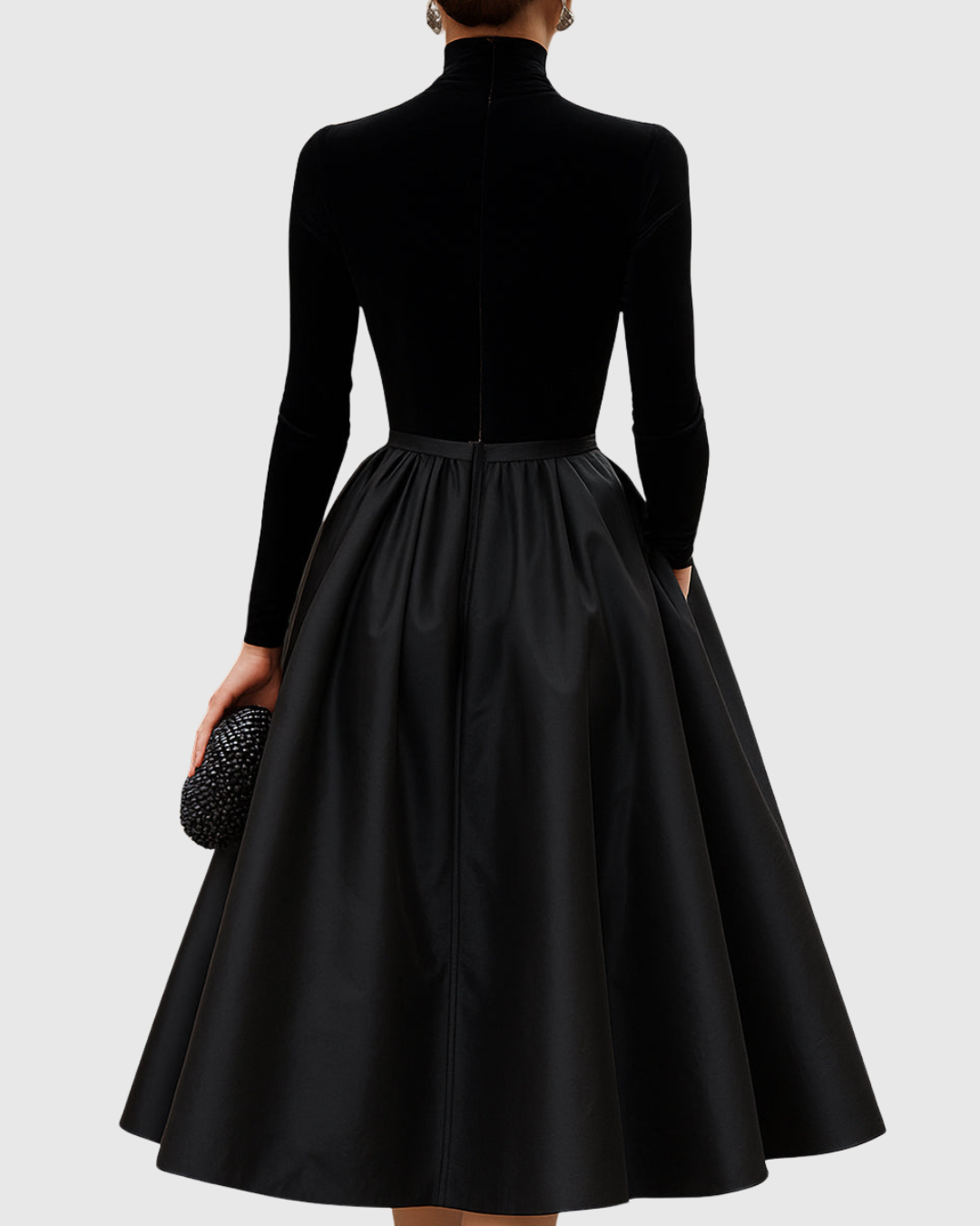 Hadassah | Black Velvet Satin Midi Dress Turtleneck