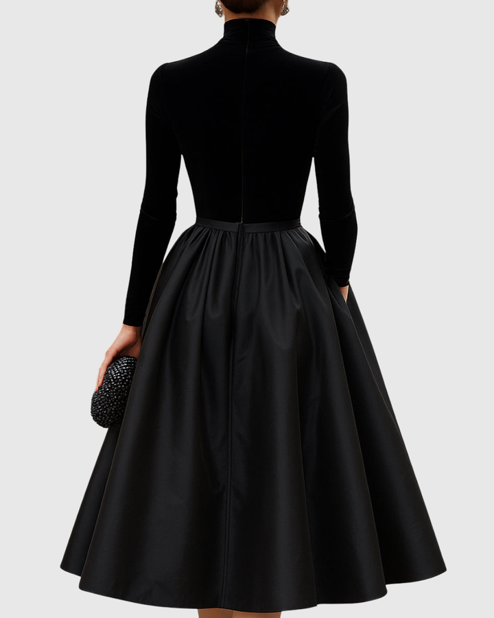 Hadassah | Black Velvet Satin Midi Dress Turtleneck