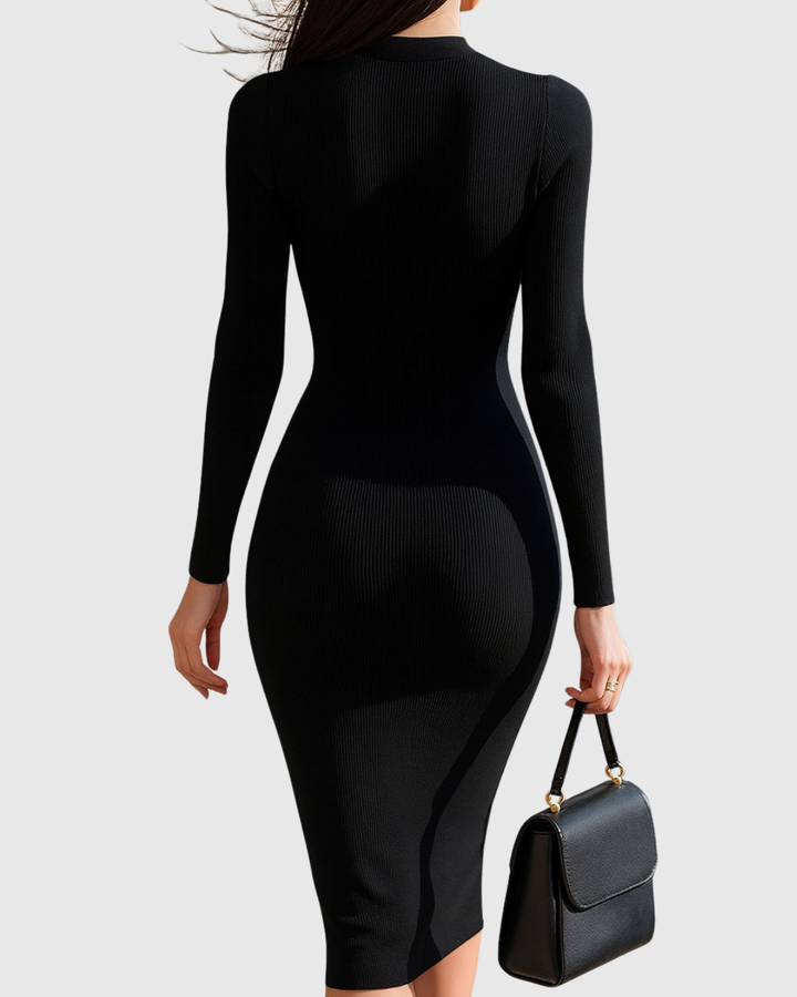 Fiona | Black Ribbed Knit Bodycon Midi Dress