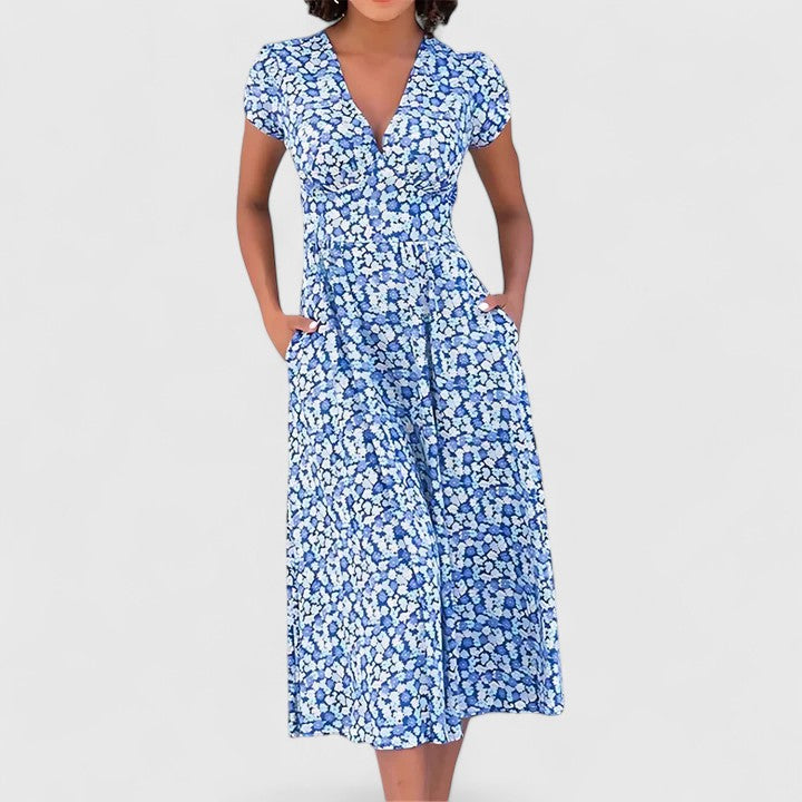 Cordula | Floral V-Neck Midi Dress with Pockets