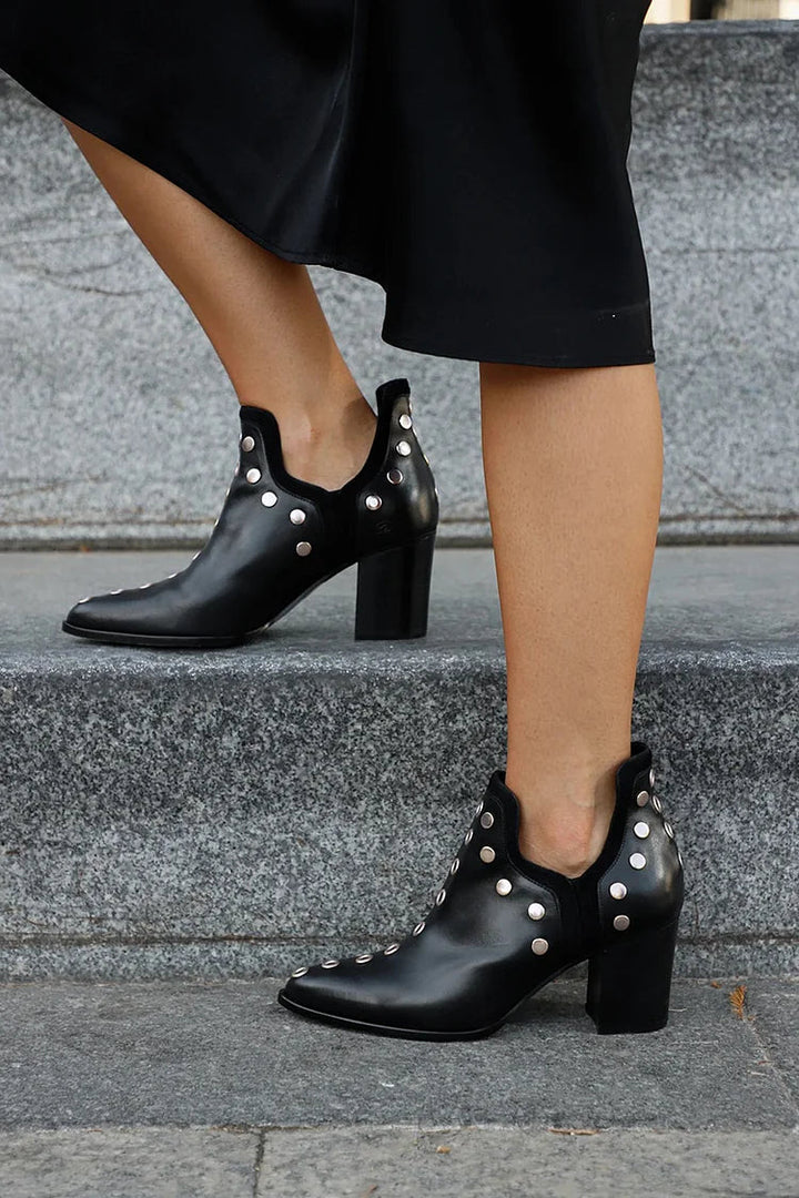 Bristol | Black Studded Western Boots with Block Heel