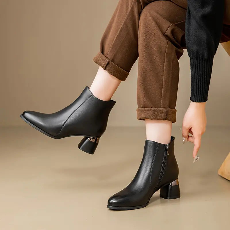 Dafne | Pointed Toe Block Heel Ankle Boots with Side Zip