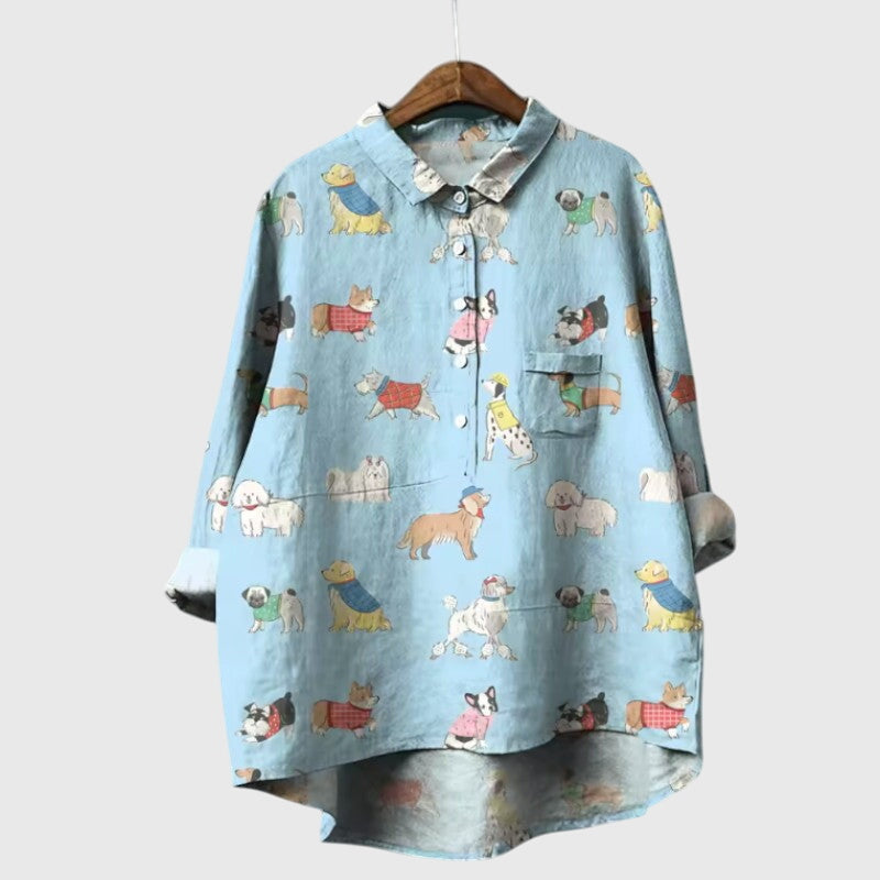 Ailsa | Dog Print Button-Up Blouse with Chest Pocket
