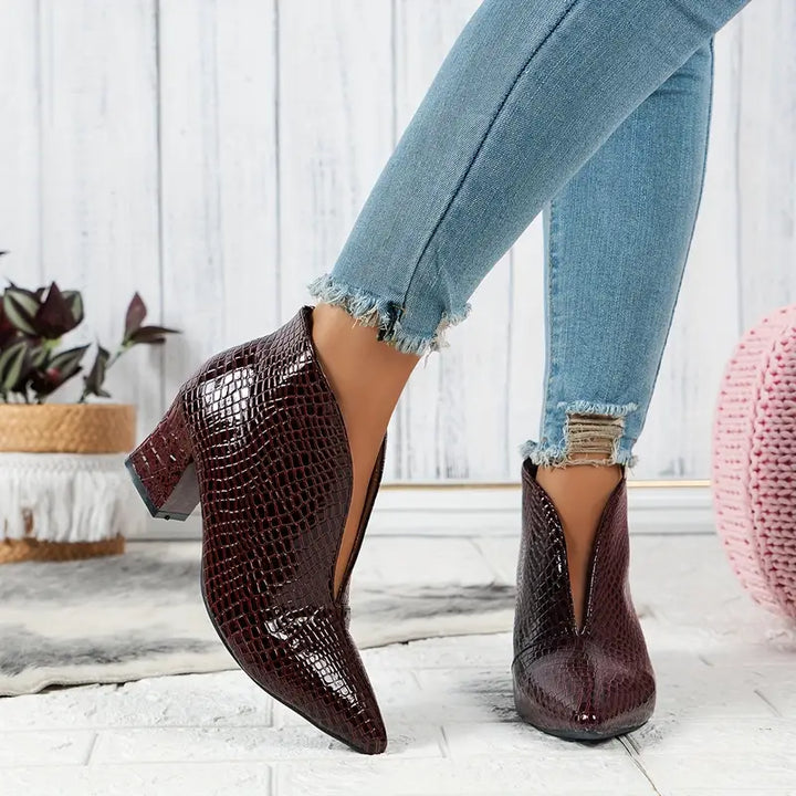Fidelia | Croc-Embossed Pointed Toe Ankle Boots