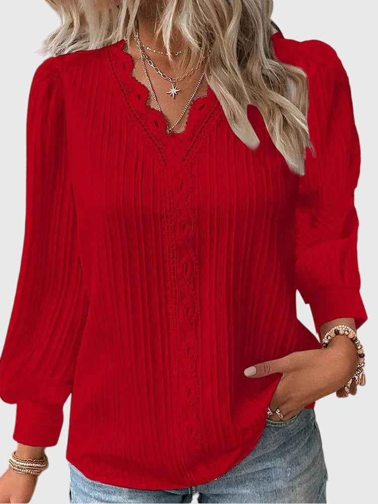 Vanya | Lace Trim V-Neck Blouse with Long Sleeves