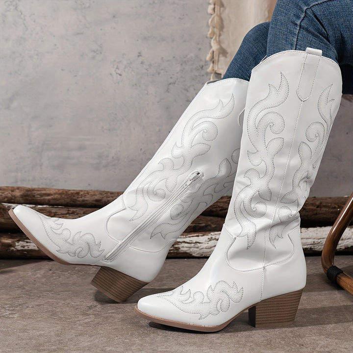 Drew | Embroidered Knee-High Cowboy Boots with Block Heel