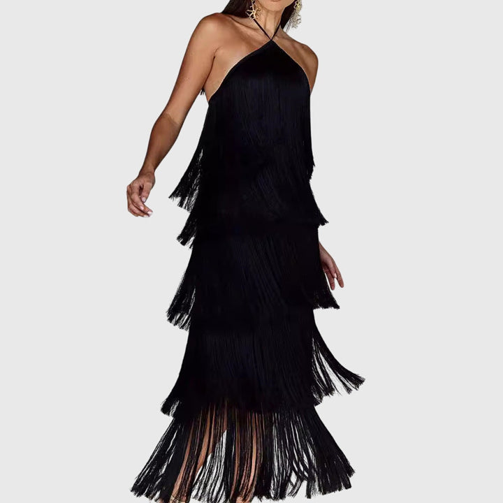 Cleantha | Halter Fringe Dress with Tiered Tassels