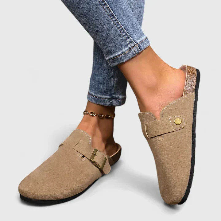 Jacquetta | Beige Suede Mules with Buckle Strap