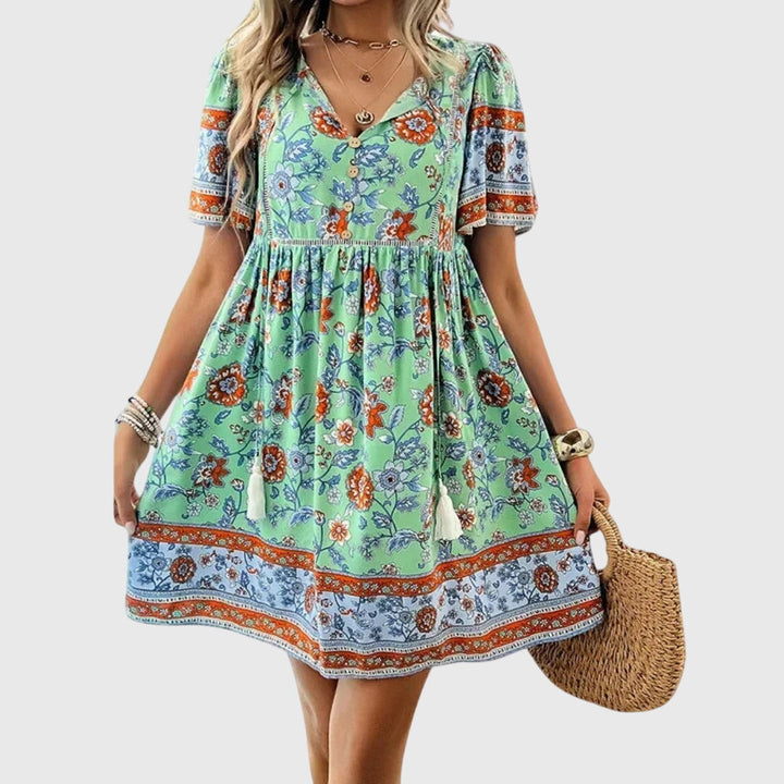 Seren | Floral Boho Babydoll Dress with Tassels