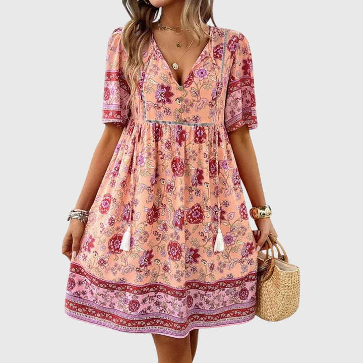 Seren | Floral Boho Babydoll Dress with Tassels