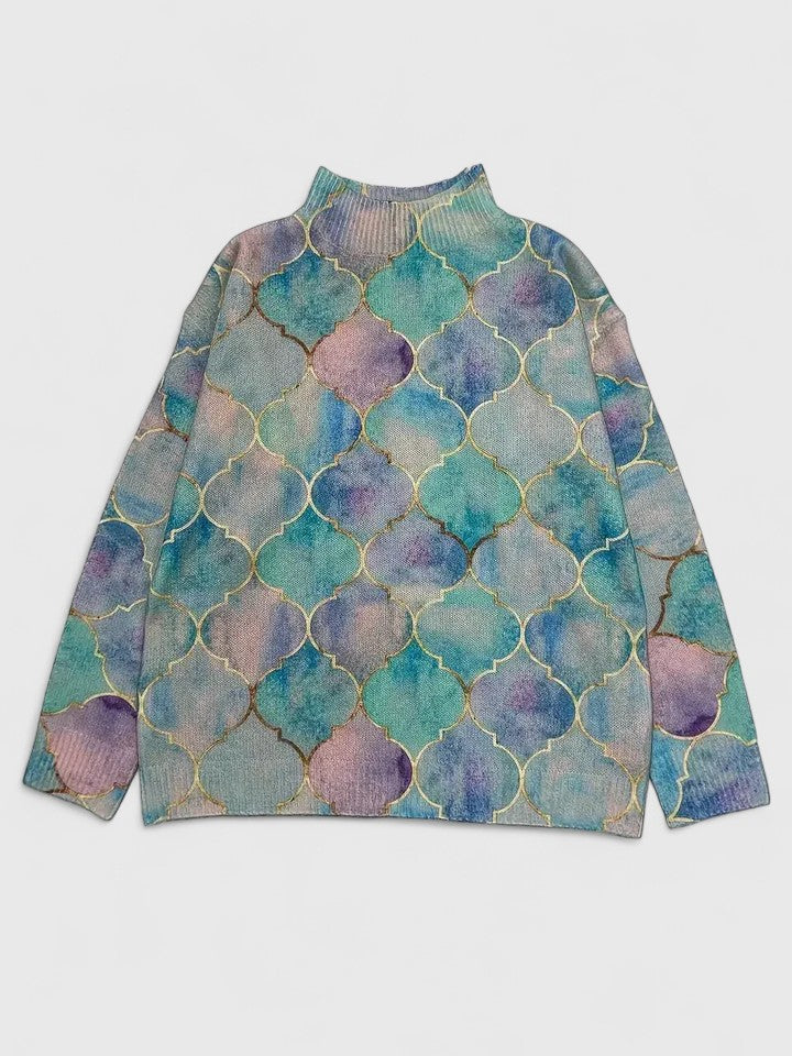 Jonquil | Blue Geometric Print Turtleneck Sweater