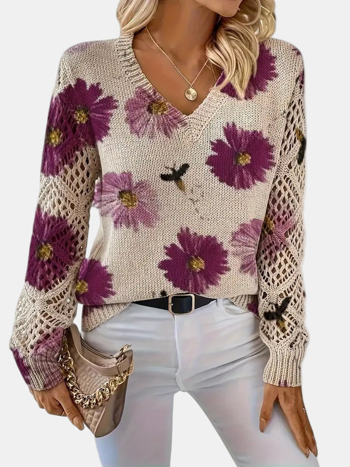 Latifa | Casual Floral V-Neck Crochet Sleeve Sweater