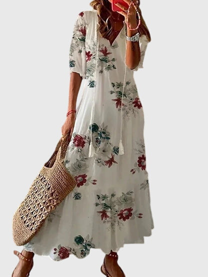 Solveig | Ikat Print Boho Maxi Dress with Tassels
