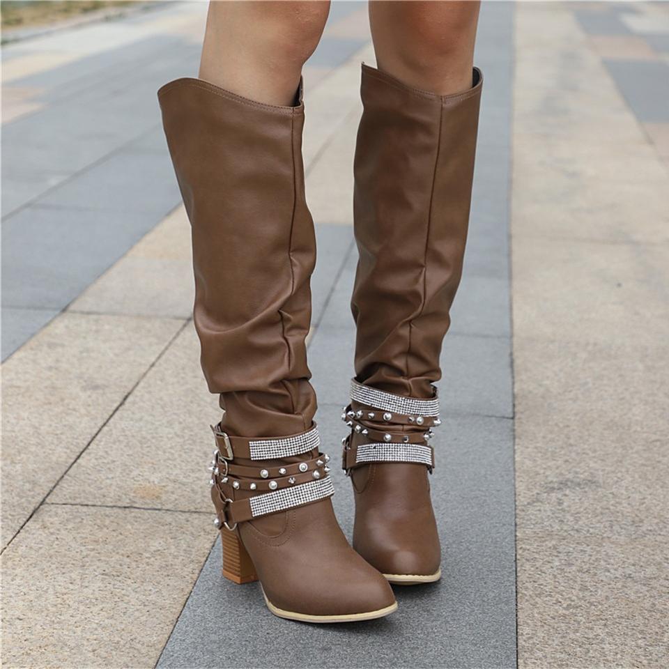 Pippa | Slouch Boots with Studded Strap Heel
