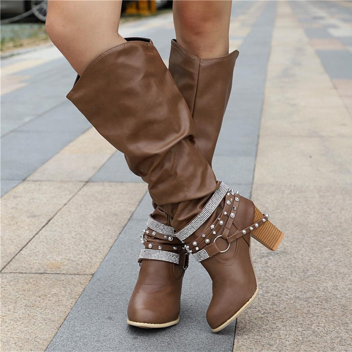 Pippa | Slouch Boots with Studded Strap Heel