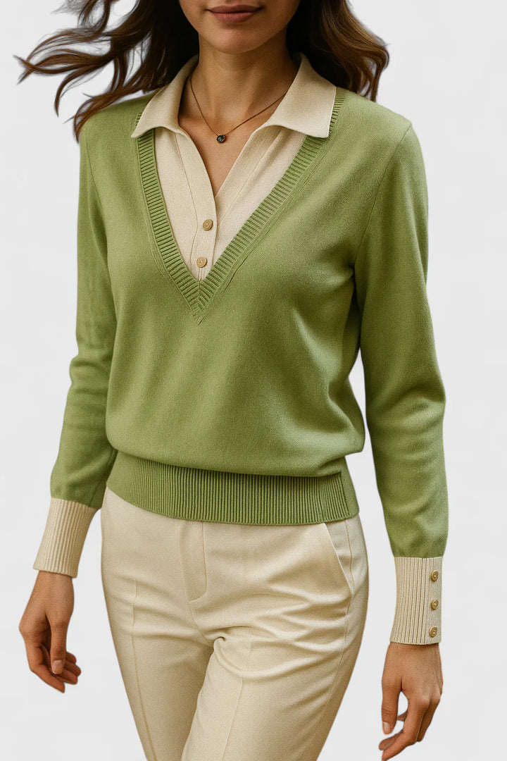 Ramona | Collared V-Neck Pullover Sweater with Buttoned Cuffs