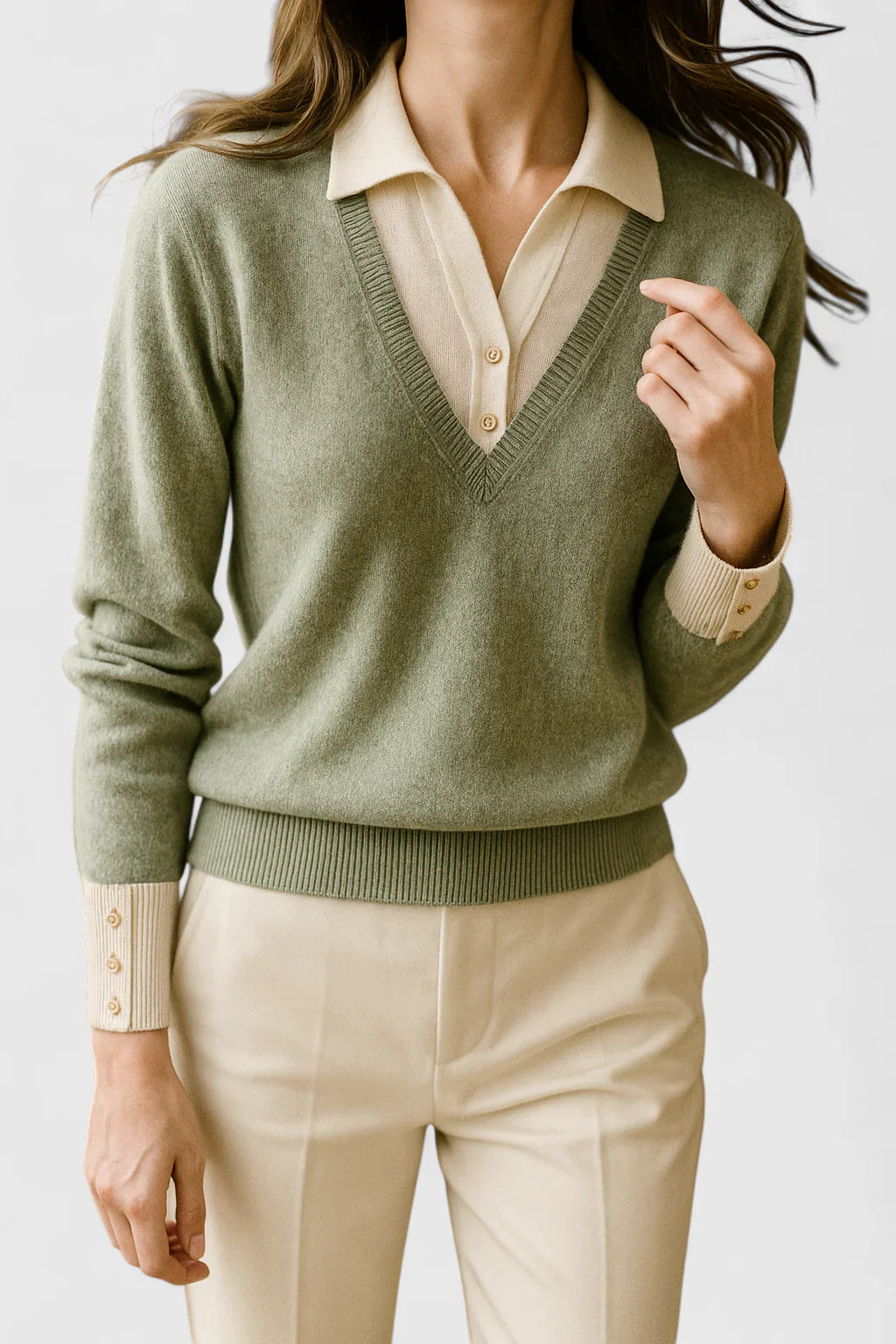 Ramona | Collared V-Neck Pullover Sweater with Buttoned Cuffs