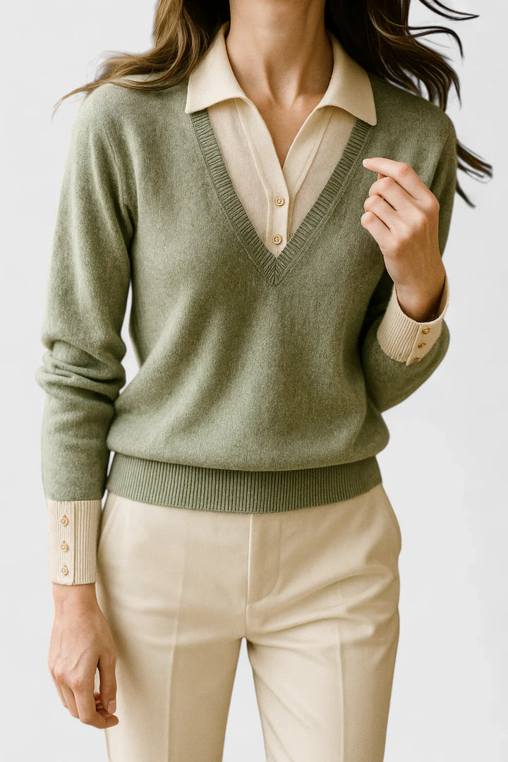 Ramona | Collared V-Neck Pullover Sweater with Buttoned Cuffs
