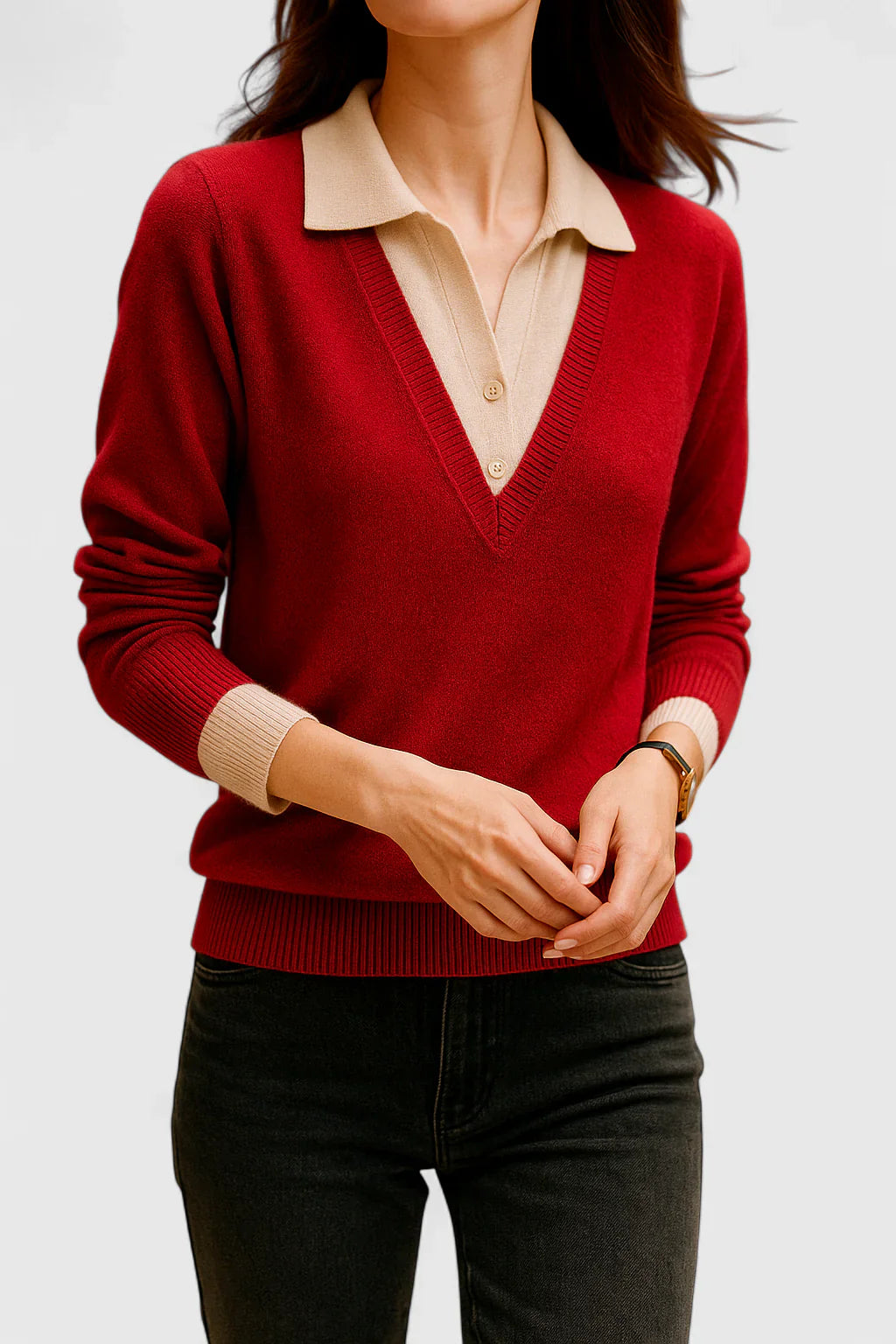 Ramona | Collared V-Neck Pullover Sweater with Buttoned Cuffs