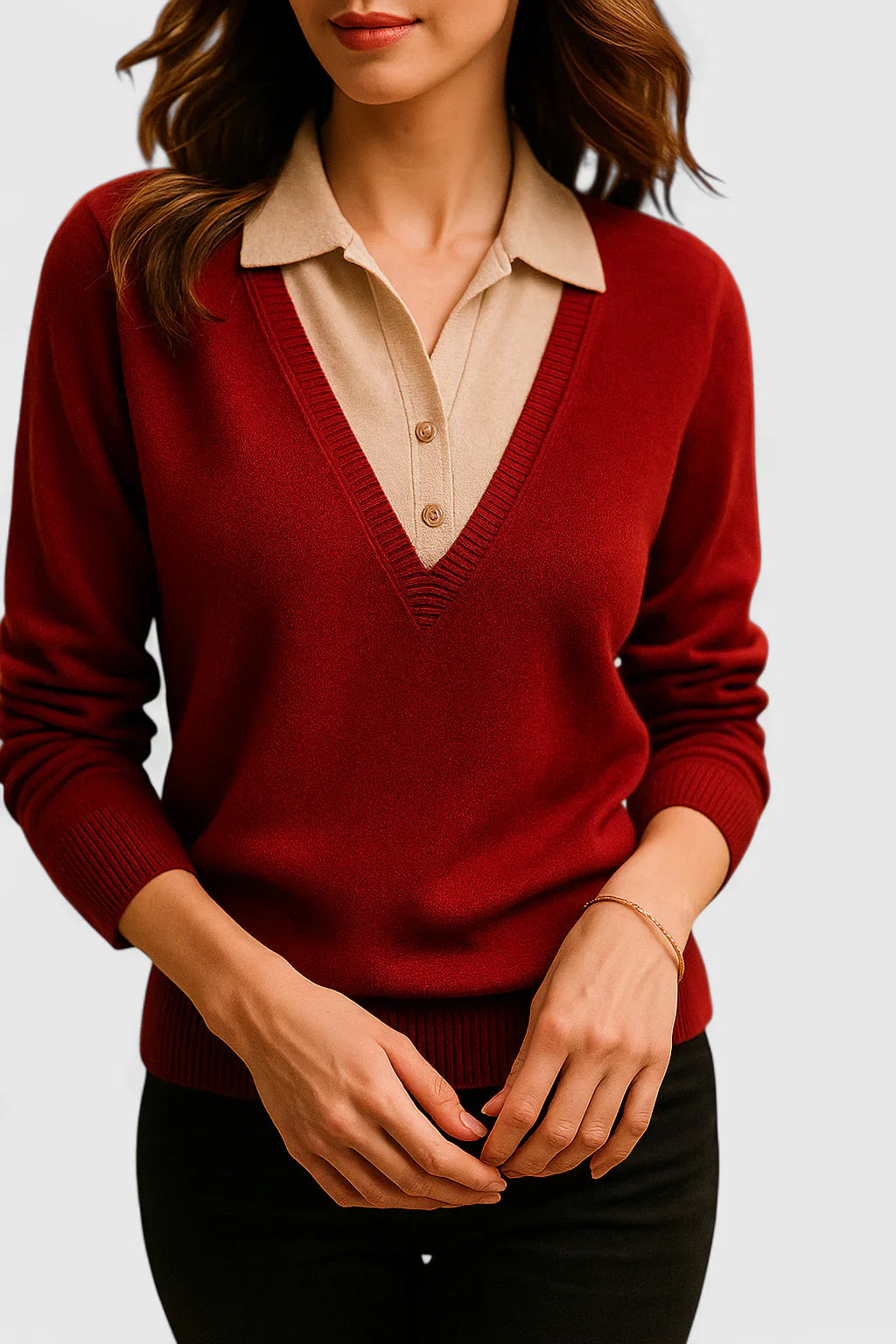 Ramona | Collared V-Neck Pullover Sweater with Buttoned Cuffs