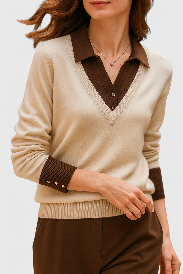 Ramona | Collared V-Neck Pullover Sweater with Buttoned Cuffs