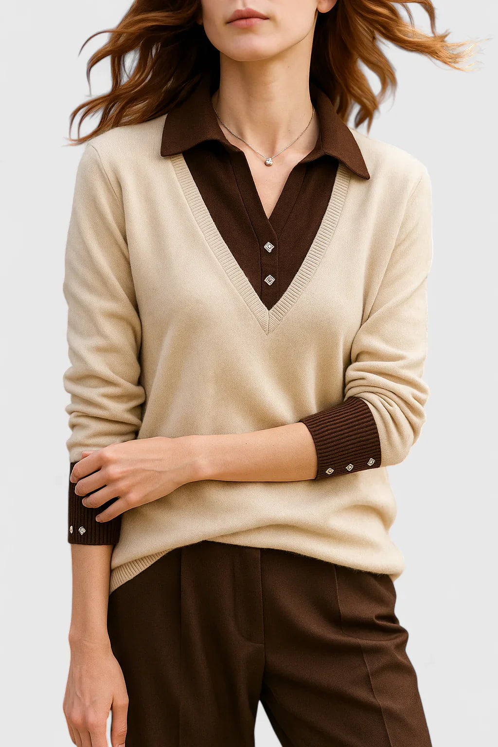 Ramona | Collared V-Neck Pullover Sweater with Buttoned Cuffs