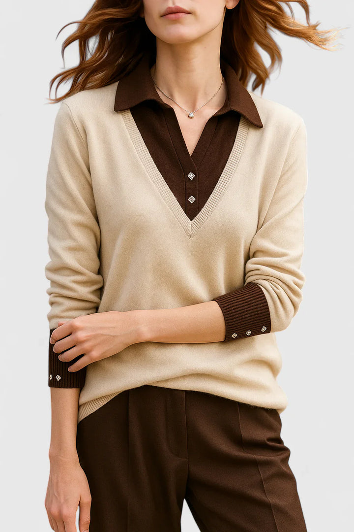 Ramona | Collared V-Neck Pullover Sweater with Buttoned Cuffs