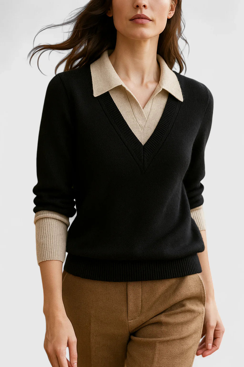 Ramona | Collared V-Neck Pullover Sweater with Buttoned Cuffs