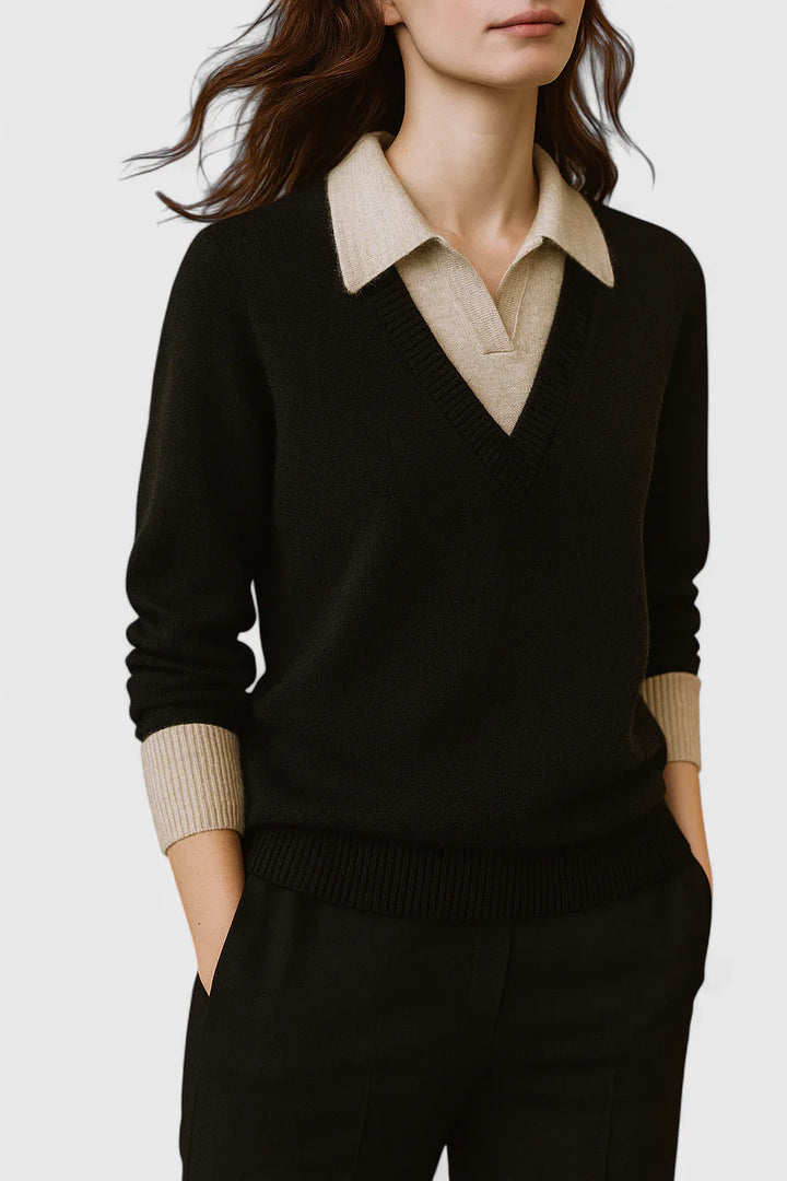 Ramona | Collared V-Neck Pullover Sweater with Buttoned Cuffs