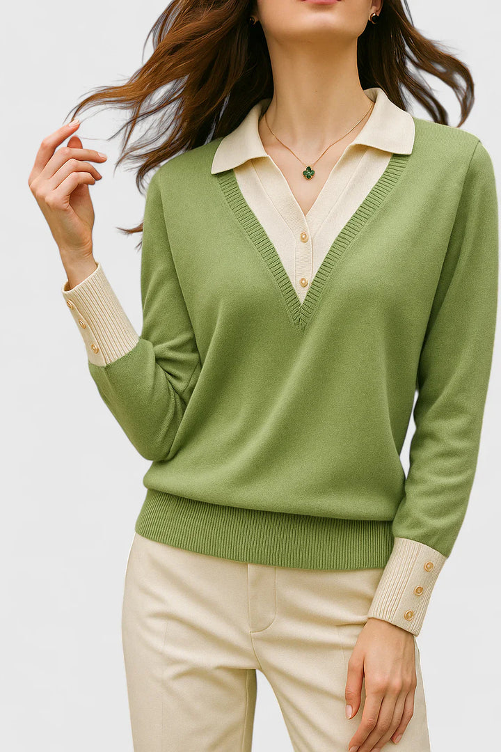 Ramona | Collared V-Neck Pullover Sweater with Buttoned Cuffs