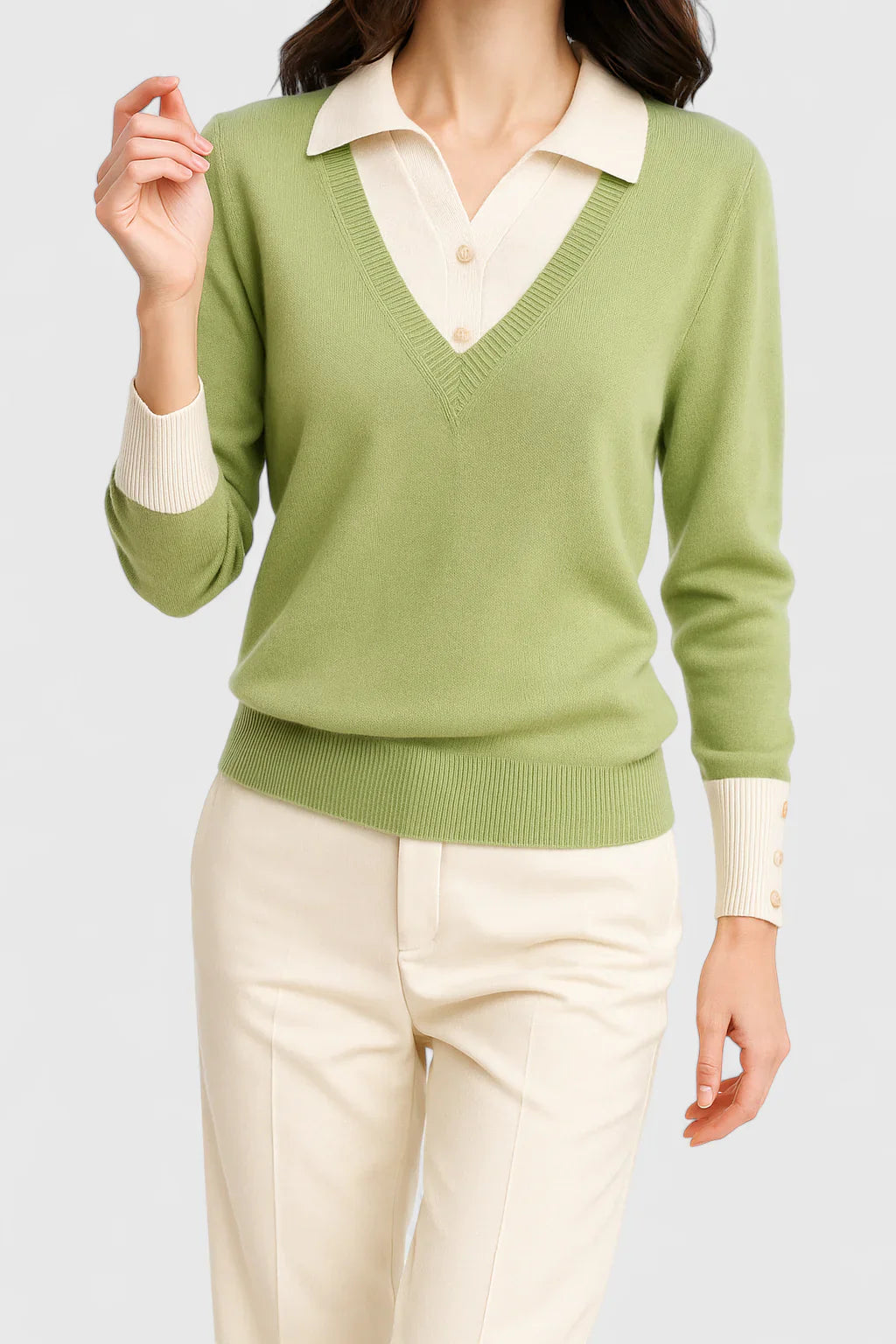 Ramona | Collared V-Neck Pullover Sweater with Buttoned Cuffs
